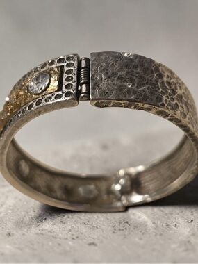 Hammered Silver Hinged Bangle Bracelet with Gold Accent